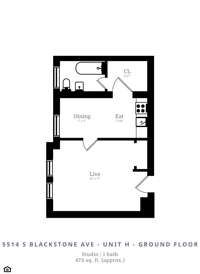 Floor plan for 1 bed, 1 bath, 698 sqft